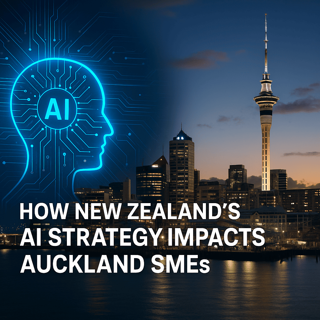 Auckland skyline at dusk with AI-themed digital overlay and blog title text about New Zealand’s AI strategy impact on SMEs